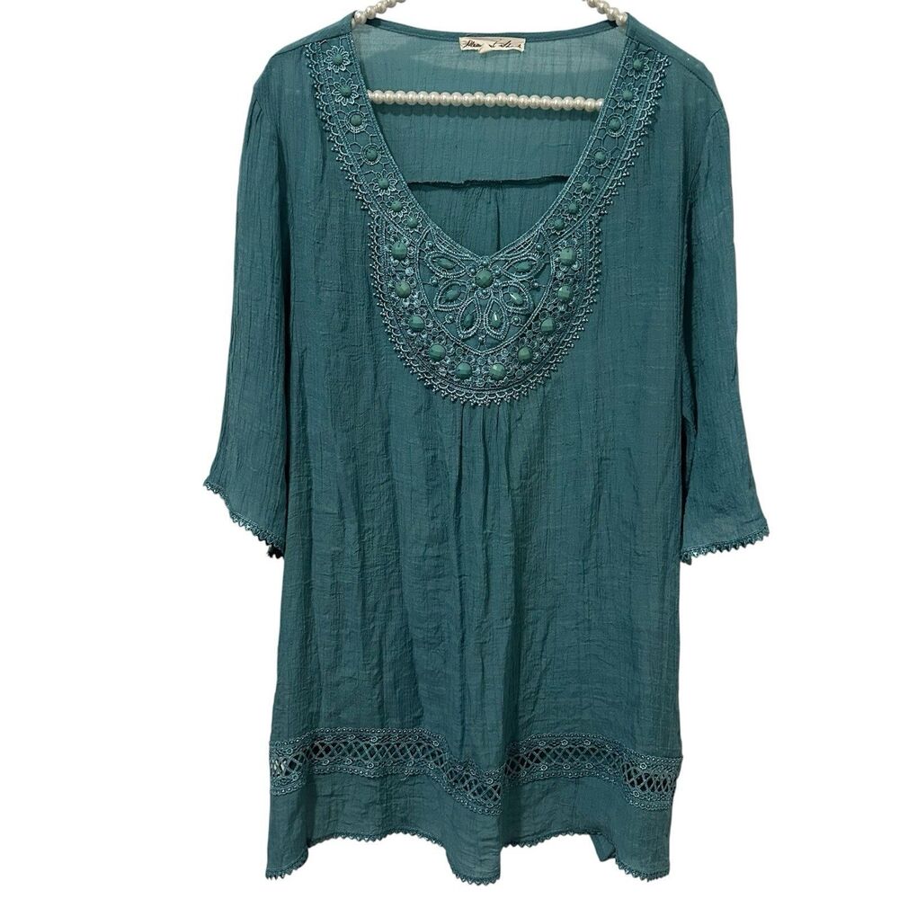 Pleasant Shade Short Sleeve Top Size 2X Boho Blue Embroidered Beaded Fairy